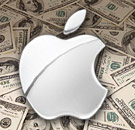 iMplosion, the new economic disaster predictor by Apple. Apple Inc silver logo over a pile of cash
