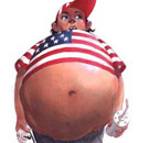 "Uhoh, what are the kids at school going to say NOW?!" Fat boy with his stomach sticking out in an American flag shirt