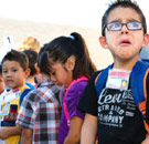 Scared child at first day of elementary school