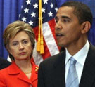 Barack Obama and Hillary Rodham Clinton at a press conference