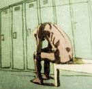 Old man sitting down naked in a locker room.