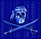 Pirate symbol with digital 0101 background