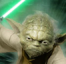 Yoda holding light saber