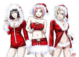 Anime girls in Christmas outfits with boobs showing