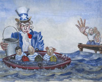 Political cartoon - Uncle Sam tries to dump water out of rowboat