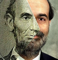 Bernanke and Lincoln merged into a dollar bill