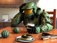 Guy dressed in Call of Duty outfit at kitchen table alone