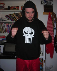 KC in a Punisher sweatshirt