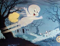 Casper the Friendly Ghost flying through a haunted town
