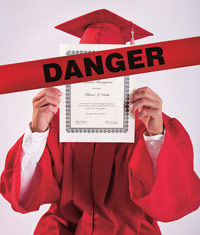 Danger sign over college graduate