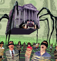 Federal Reserve building as a spider attacking tied up humans