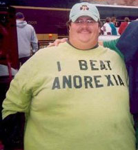 Fat guy wearing 'I Beat Anorexia' tshirt