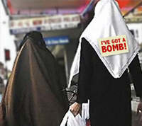 Islamic woman with an 'I Have a Bomb' sign on her back