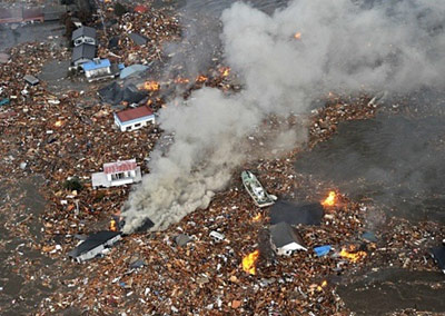 Japanese tsunami garbage and debris floating in water