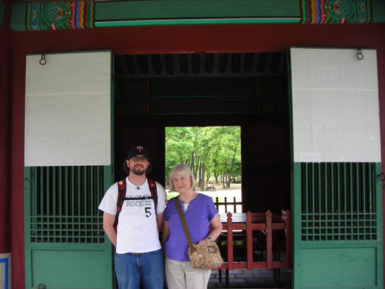 Mom and brother in front of a South Korean palace