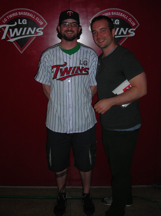 Kevin and Casey Freeman with LG Twins Korean baseball jersey 
