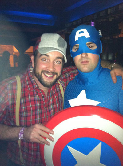 KC as a lumberjack with a Captain America costume guy