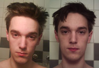 Man with two hair styles, just woke up and after a shower