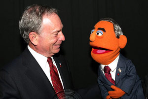 Mayor Bloomberg talking with a Muppet