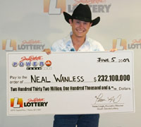 Neal Wanless, holding Powerball lottery check