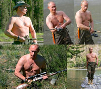 Putin without his shirt on in several poses outdoors