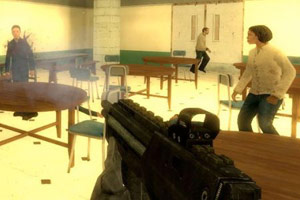School shooting video game scene in classroom