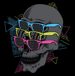 Skull wearing three neon sunglasses