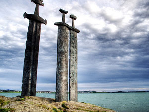 Sword sculptures on an island