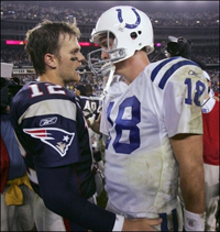 Tom Brady and Peyton Manning talk on the sideline