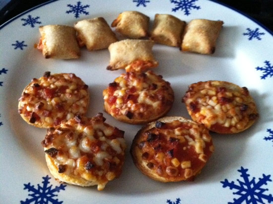 Bagel Bites and pizza rolls on a platter