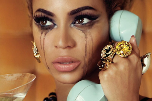 Beyonce crying on the phone with smeared makeup 