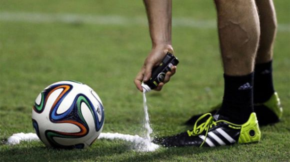 Shaving cream to mark off a free kick in World Cup 2014
