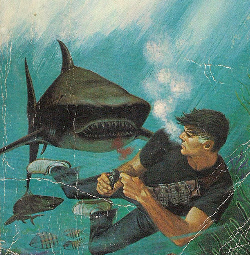 Man fighting a shark with hand grenades