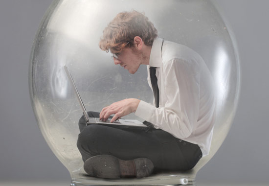 Introvert sitting in a bubble on the internet clicking lists