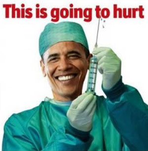 Obama holding a giant syringe needle