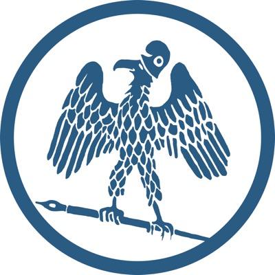The Paris Review graphic logo - bird with a jester hat on holding a pen