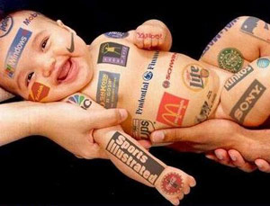 Baby covered in advertisements