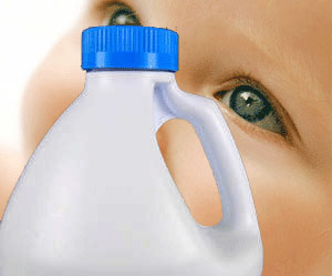 Baby and bleach bottle
