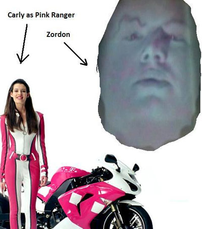 Carly Foulkes as a pink Power Ranger with Zordon the wizard