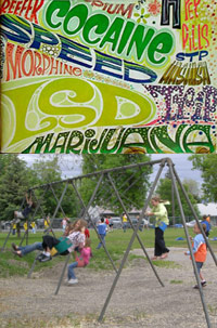 Drug poster and kids on swingset