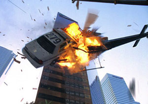 Car exploding into helicopter