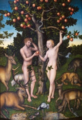 In the Garden of Eden debating whether to eat an apple