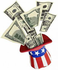 Money flying out of Uncle Sam's top hat