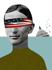 American with a blindfold on and sinking Capitol building in water