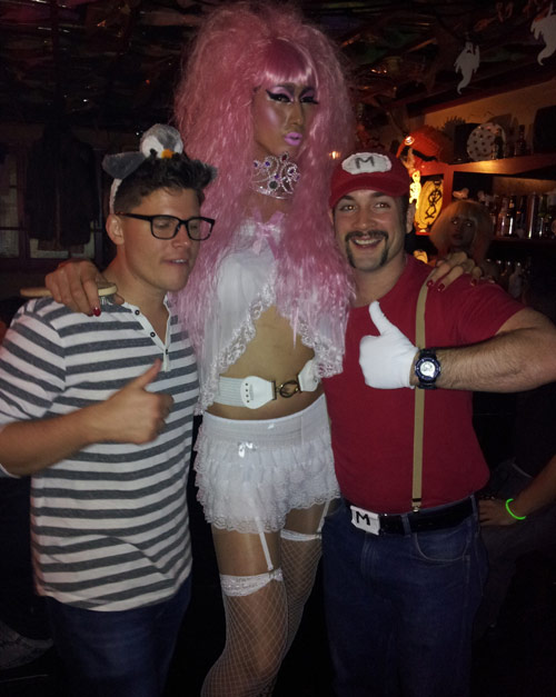 Super Mario with a drag queen at a gay bar