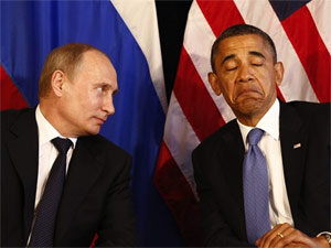 Obama (eyes closed) meeting with Putin