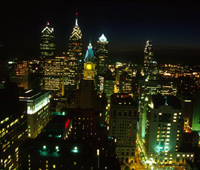 Philly skyline at night from an airplane