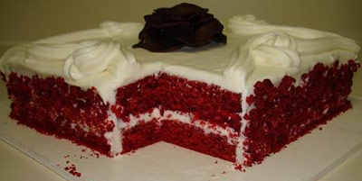 Red velvet sheet cake with white icing