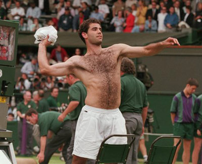 Pete Sampras shirtless on tennis court