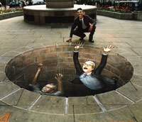 Painted on a sidewalk: people falling into a well